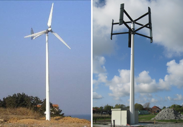 Typen von Kleinwindanlagen: Horizontal- (links) und Vertikalläufer (rechts) - Fotos: EUSAG